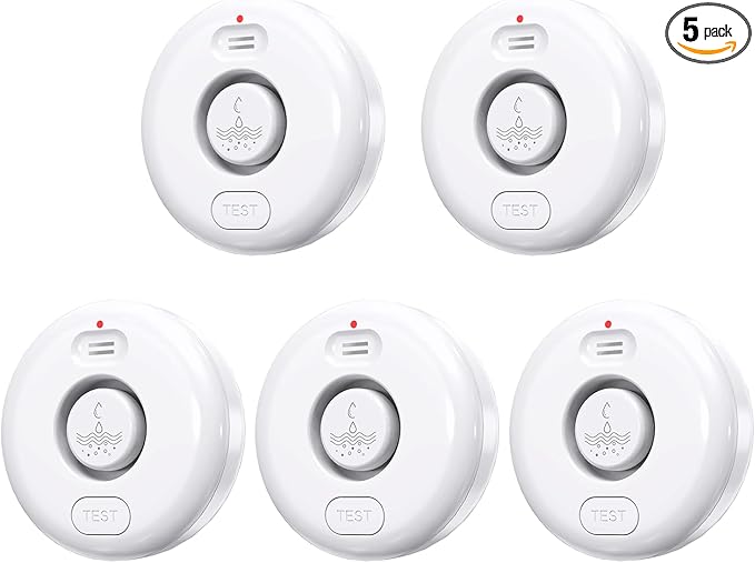 5 Pack Water Leak Alarm Detector, 120dB Loud Alert Water Sensor, IP66 Waterproof, Sensitive Leak and Drip Alert, Easy Installation for Home, Basement Flood Prevention, Bathroom, Sink, Laundry by RUIKORING