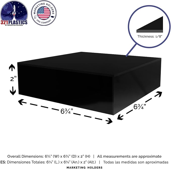 6 Pack Glossy Black Acrylic Display Box Versatile 5 Sided Pedestal 6.75" x 6.75" x 2" Merchandise Storage Bin Retail Product Riser with One Open Side by Marketing Holders - Image 6