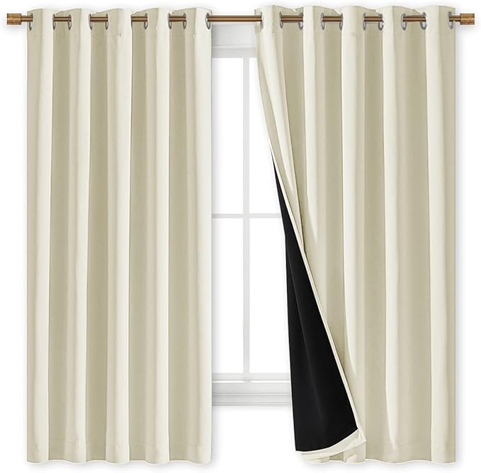 NICETOWN Living Room Completely Shaded Draperies, Privacy Protection & Noise Reducing Ring Top Drapes, Black Lined Insulated Window Treatment Curtain Panels (Beige, 2 Pieces, W70 x L63) - Image 3