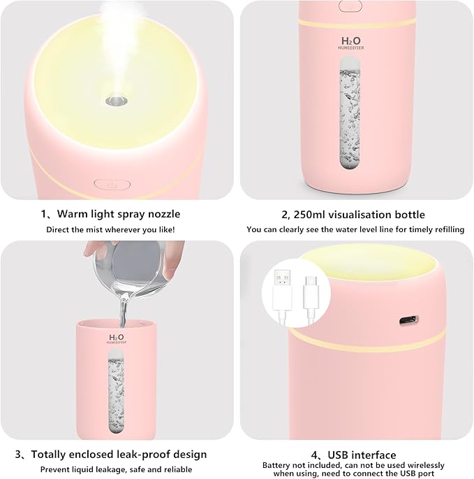 Lisacool Small Humidifier,Portable Mini Humidifier for Bedroom,Office, Car,Travel with Night Light, Auto Shut-Off,Super Quiet (Pink) - Image 4