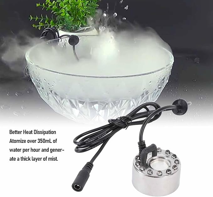 Mist Maker, LED Color Changing Fog Atomizer Humidifier, Mini Pond Fog Machine with 12 LED Lights, Indoor Water Fountain Mister Fogger for Pond, Rockery, Vase, Birdbath (US Plug) - Image 2