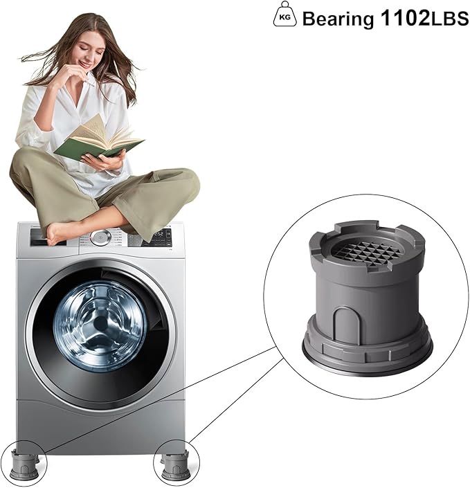 4Pcs Anti Vibration Pads for Washing Machine, Adjustable Height Stops Washer Dryer Moving, Prevents Noise, Vibration Transfer, Antivibration Stabilizer Support Feet with Suction Cup Bottom (Grey) - Image 9