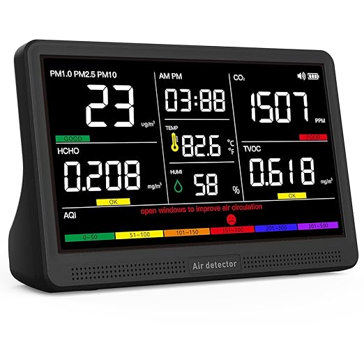 16 in 1 Air Quality Monitor Indoor 7" Display 9 AQI+7 AQI Alerts, CO2 Monitor Air Quality Tester for CO2, TVOC, PM2.5 PM1.0 PM10, HCHO Temperature Humidity AQI & Time Air Quality Meter for Home by YNAK