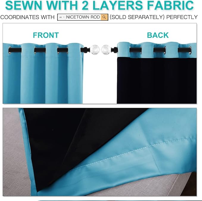 NICETOWN Insulated 100% Blackout Curtains, Noise Reducing Performance Drapes with Black Lining, Full Light Blocking Draperies for Overnight Shift Worker (Light Blue, 2 PCs, 52 inches x 95 inches) - Image 5