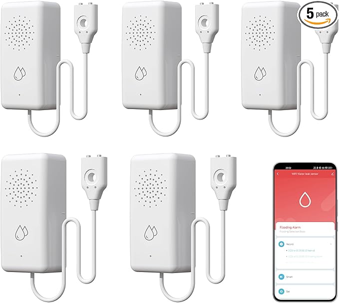 BSEED WiFi Water Leak Detector 5 Pack, Smart Water Sensor with Cable, 85dB Audio/App/SMS/Email Alarm, Rapid Leak Detection for Home, Kitchen, Bathroom, Basement, IP65 Waterproof, No Hub Required by BSEED