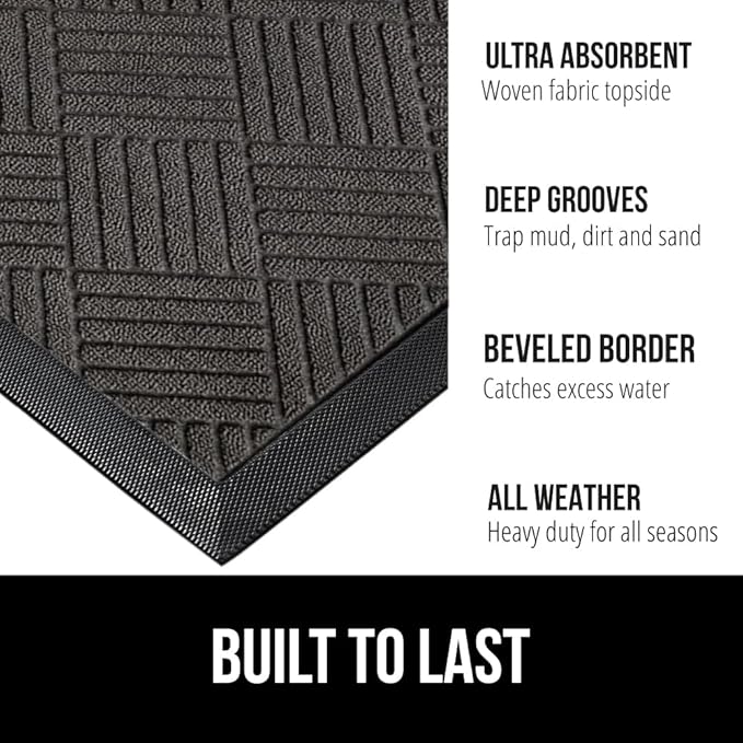 GORILLA GRIP 100% Waterproof All-Season WeatherMax Doormat 35x23, US Designed Natural Rubber, Stain and Fade Resistant, Low Profile Indoor Outdoor Door Mats, Easy Clean Patio Mat, Gray Diamond - Image 2