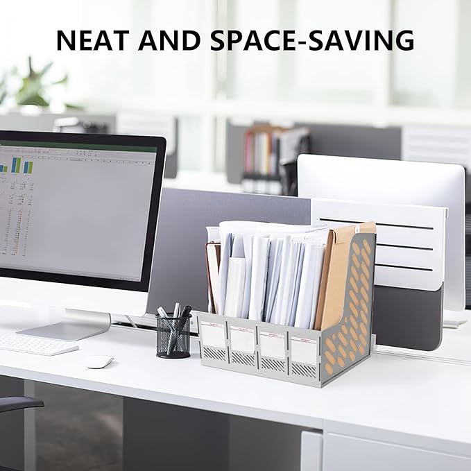 SAYEEC Magazine File Holder, Plastic Desktop File Folder Organizer with 4 Large Compartments, Vertical Desk Binder Organizer Office Organization and Storage File Holder for Desk, School, Home (Grey) - Image 7