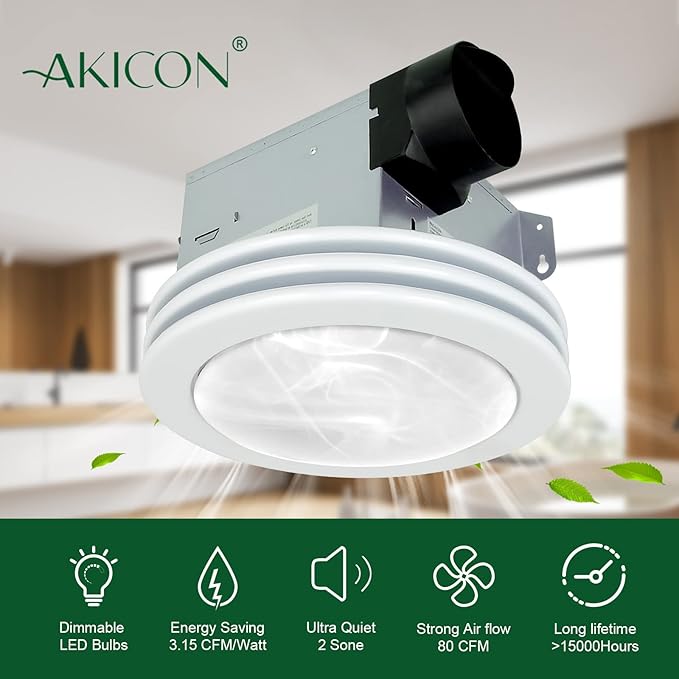 Akicon Ultra Quiet Bathroom Exhaust Fan with LED Light 80CFM 2.0 Sones Round Bathroom Ventilation Fan with Frosted Glass Cover Satin White Finish (Satin White) - Image 4