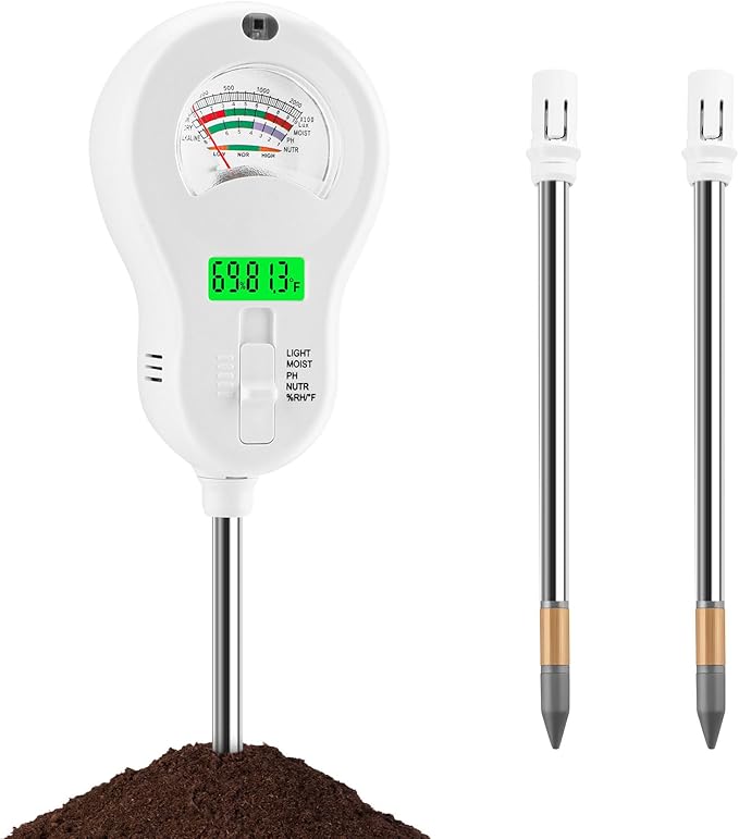 6-in-1 Soil Test Kit with 3 Replaceable Probes, Soil Tester for Gardening, Plant Water Meter, Soil pH Tester for Soil Fertilizer, Sunlight & LCD Display Air Temperature Humidity Sensor by Unknown