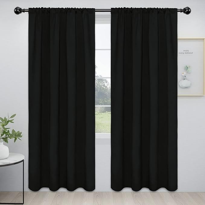 Easy-Going Rod Pocket Blackout Curtains for Bedroom, Room Darkening Window Curtains for Living Room, Thermal Insulated Noise Reduction Solid Window Drapes, 2 Panels(52x96 in, Black) by Easy-Going