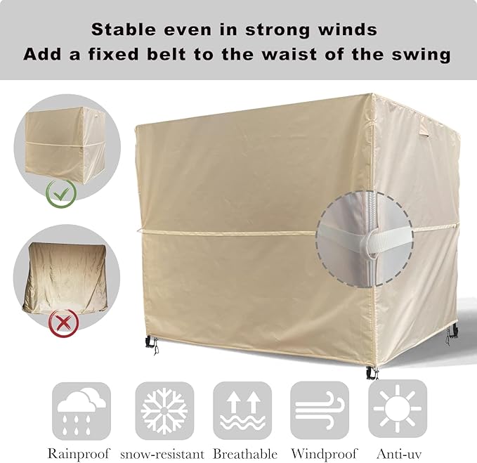 Outdoor 3 Triple Seater Hammock Swing Cover - Garden Glider Chair Canopy - UV Resistant (82 * 49 * 67 inch) Beige - Image 4