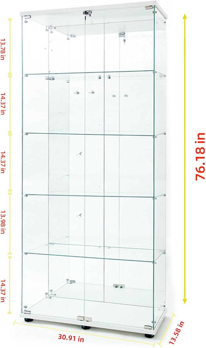 Yoluckea 5 Tiers Glass Display Cabinet with Bluetooth LED Light Strip, 2 Doors Floor Standing Curio Cabinet with Universal Wheel and Mirror Back Panel, White Glass Bookshelf for Collections, Wood Top - Image 2