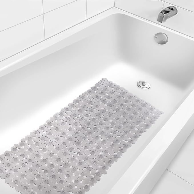 WELTRXE Non Slip Bathtub Mat 35 x 16 Inches Pebbles Shower Mats with Suction Cups, Drain Holes for Bathroom Showers, Tub, Machine Washable Bathroom Mats BPA, Latex Free Safe Tub Mats - Clear Gray - Image 7