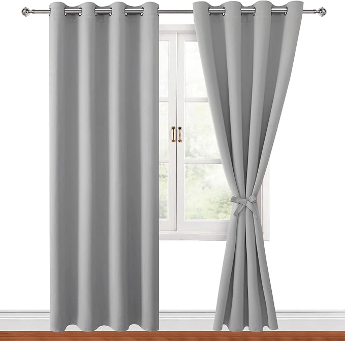 Hiasan Blackout Curtains for Bedroom, 52 x 84 Inches Long - Thermal Insulated & Light Blocking Window Curtains for Living Room, 2 Drape Panels Sewn with Tiebacks, Silver Grey by Hiasan