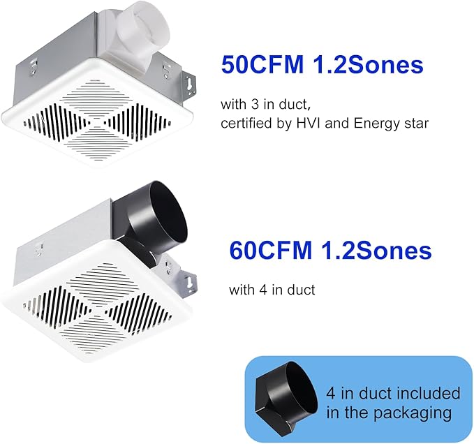 Tech Drive Very Quiet Bathroom Exhaust Fan - 60 CFM/50 CFM, 3&4-Inch Duct Included, No Attic Access Needed, Energy Star, Easy to Install, Ceiling Mounted for Bathrooms Up to 55 Sq. Ft, White - Image 2