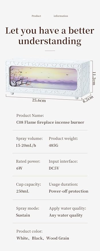 Fireplace Flame Essential Oil Diffuser - 7 Color LED Ultrasonic Aromatherapy Humidifier, 250ml, with Timer, Suitable for Home, Bedroom, Office, Yoga (C08W) - Image 9
