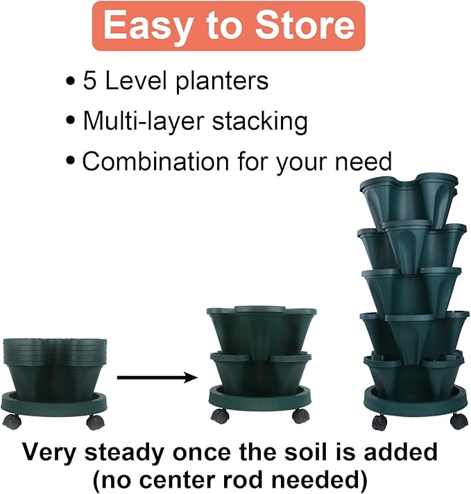 DUNCHATY Stackable Planter, Vertical Garden Planter with Wheels and Tools, Strawberry Indoor/Outdoor 5 Tier Tower Herb for Growing Vegetables Succulents, Dark Green, 2 Pack - Image 6