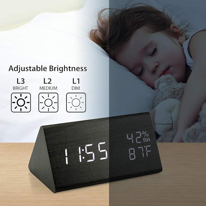 OCT17 Wooden Alarm Clock, Smart LED Digital Clock for Bedroom/desks, Upgraded with Time Temperature, Adjustable Brightness and Voice Control, Humidity Displaying - Black - Image 4