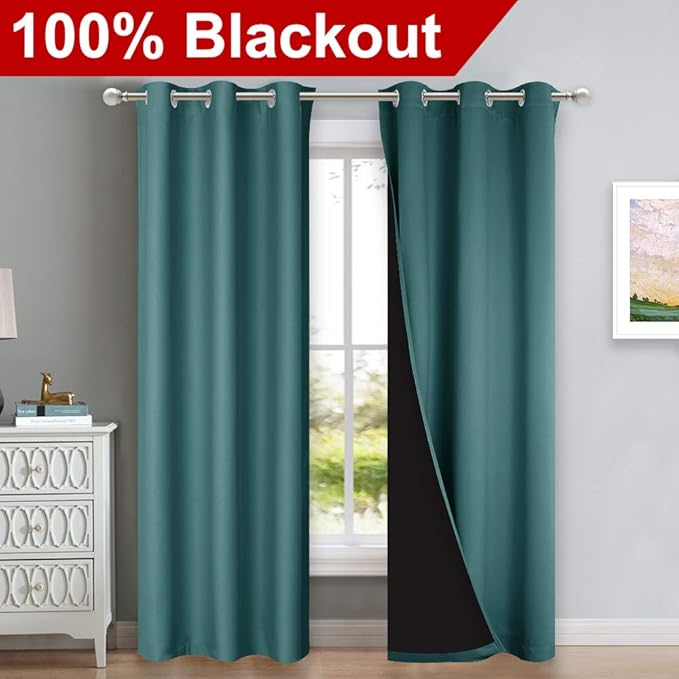 NICETOWN Complete 100% Blackout Curtain Set, Thermal Insulated & Energy Efficiency Window Draperies for Guest Room, Full Shading Panels for Shift Worker and Light Sleepers, Sea Teal, 42W x 84L, 2 PCs - Image 2
