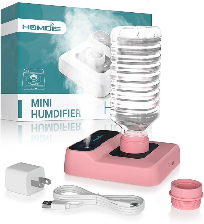 Travel Humidifier, Portable Small Humidifier for Plants, Bedroom, Office, Hotel or Car, 5000mAh Battery Operated Mini Cool Mist Humidifiers, Quiet 23dB, Auto-off, Night Light and BPA-Free, Pink by HOMDIS