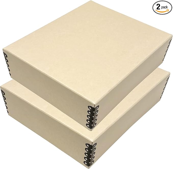Lineco Museum Archival Storage Box, 8.75x10.75x3 in. Drop Front Design. Acid-Free with Metal Edge. Organize Photos, Pictures, Prints, Documents, Crafts, DIY. Tan, 2 Pack by Lineco