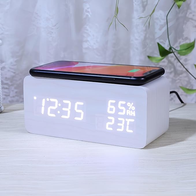 Lancoon Wooden LED Alarm Clock with Wireless Charging Temperature and Humidity Display Calendar Adjustable Brightness Sound Control for Bedroom Home Office (White) - Image 5