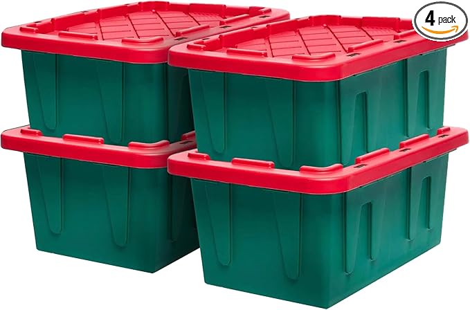 HOMZ 4-Pack Durabilt Tote, Heavy Duty Plastic Storage Bins with Lids, 15 Gallon, Green/Red - Stackable Organizing Containers for Home, Garage, and Office by Homz