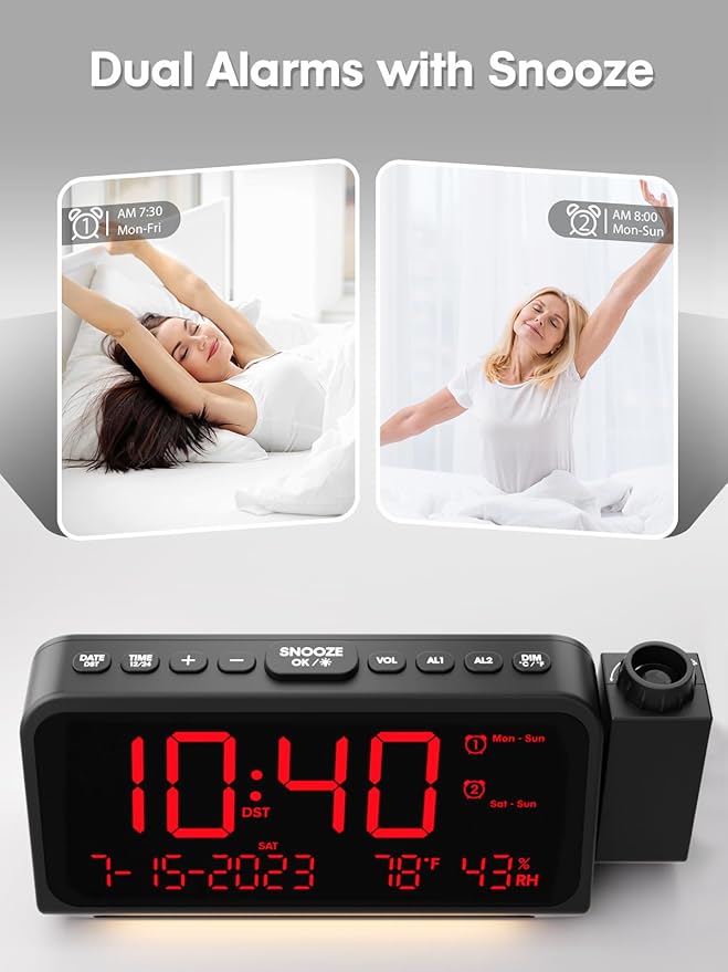 ROCAM Projection Clock for Bedroom, Digital Clock with 180° Projector on Ceiling with 5-Level Dimmer, Dual Loud Alarm Clock with Weekend/Weekday Mode, Date, Temp, Humidity, Night Light, Snooze - Image 5