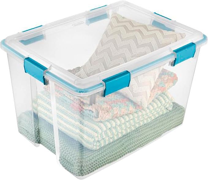 Sterilite 80 Qt Gasket Box, Stackable Storage Bin with Latching Lid and Tight Seal, Plastic Container to Organize Basement, Clear Base and Lid, 1-Pack - Image 5
