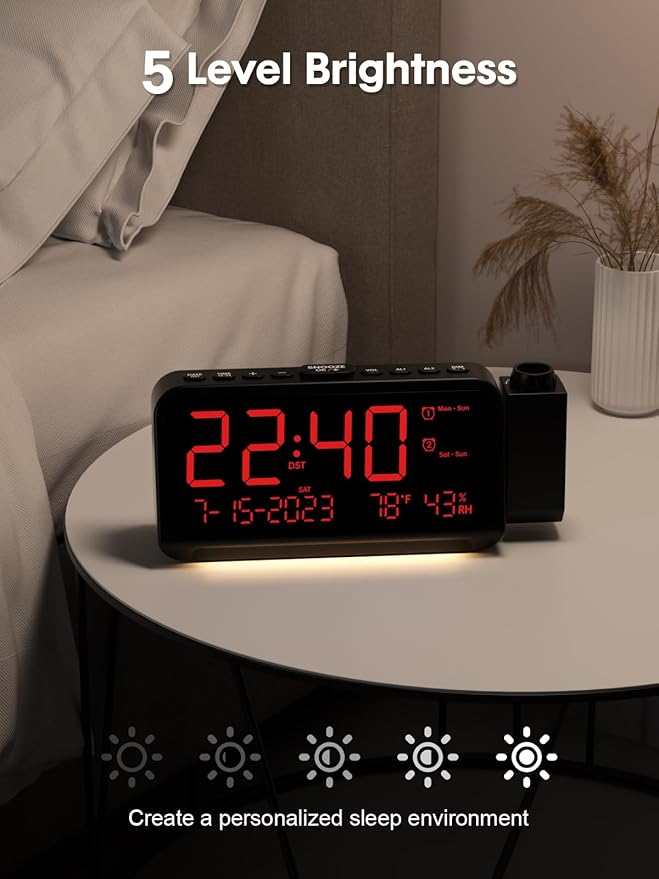 ROCAM Projection Clock for Bedroom, Digital Clock with 180° Projector on Ceiling with 5-Level Dimmer, Dual Loud Alarm Clock with Weekend/Weekday Mode, Date, Temp, Humidity, Night Light, Snooze - Image 6