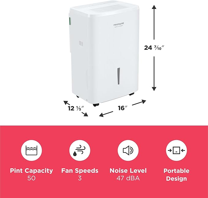 Frigidaire Gallery 2-in-1 50-Pint Portable Dehumidifier with Wi-Fi, Energy Star Certification & Air Quality Monitoring for Medium/Large Rooms & Basements, Custom Humidity Control, Auto Shut Off, White - Image 3
