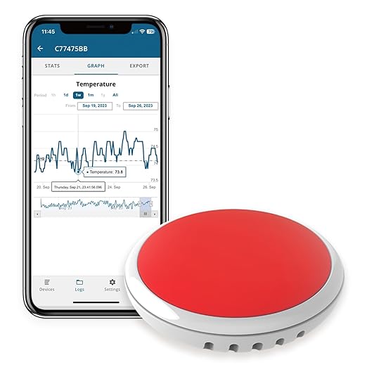 Disc Maxi Temperature Sensor and Logger for iPhone & Android, Bluetooth Compatible, Remote Wireless Thermometer, Long Range, Large Memory, Unlimited Data Export, USA Developed and Supported by BlueMaestro