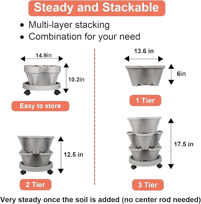 GameXcel Vertical Planter 3 Tier Stackable Planters Garden Planters Strawberry Herb Flower and Vegetable Planter Indoor Outdoor Gardening Pots with Removable Wheels and Tools - Image 7