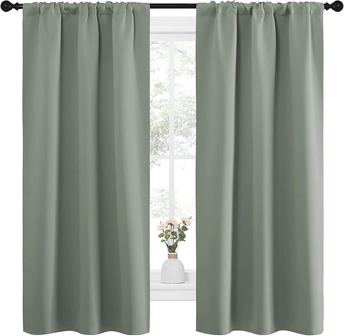NICETOWN Window Curtains Blackout Drapes - Thermal Insulated Solid Rod Pocket Blackout Curtains/Draperies for Living Room (Greyish Green, One Pair, 34 by 63-Inch) - Image 2