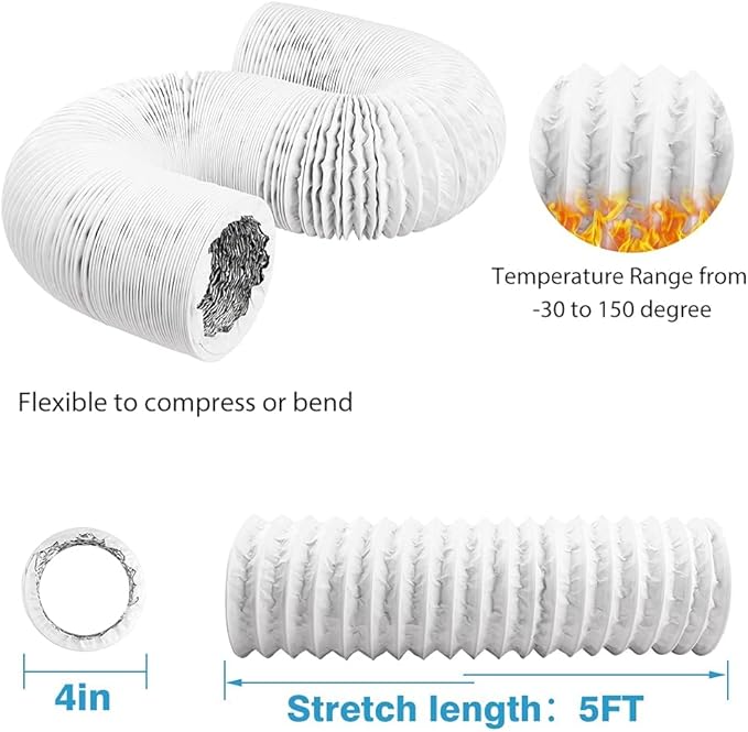 YIJUHOU 4 Inch 5 Feet Air Ducting, Flexible Aluminum Dryer Vent Hose for HVAC Ventilation, Fan Filter and Grow Tent, 2 Clamps Include (White) - Image 3