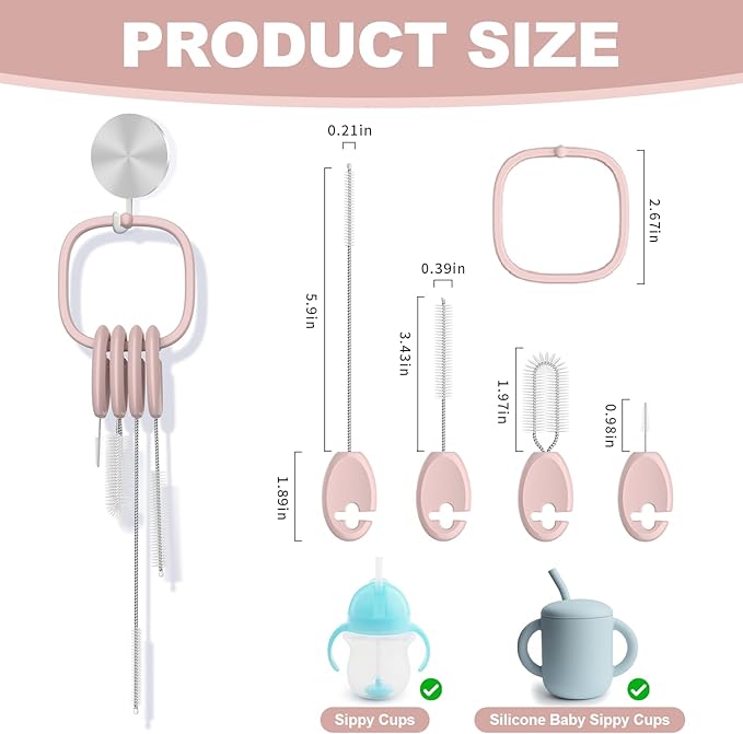 YOTIME Standing Straw Cleaner Brush Set, 4in1 Reusable Straw Brushes with Holder Ring, for Baby Bottles, Sippy Cups and Lids, Pink - Image 2