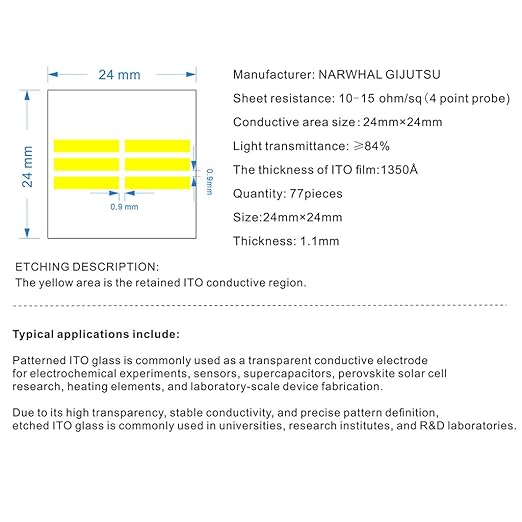 Etched ITO Coated Conductive Glass Substrate Slides Electrode Superconducting Low Resistance 15ohm/sq for Lab (24×24 ×1.1mm 77pcs) - Image 3