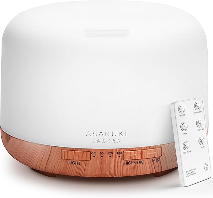 ASAKUKI Essential Oil Diffuser 500ml, Ultrasonic Aromatherapy Humidifier with Remote Control, 7 LED Colors, Timer & Auto-Off, Large Room Diffuser (Yellow) by ASAKUKI