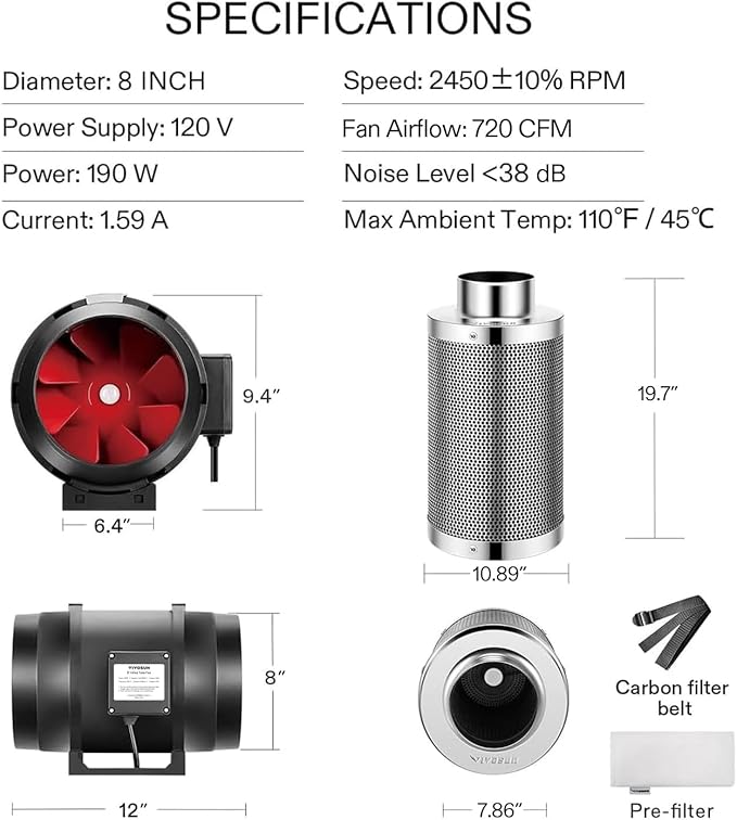 VIVOSUN Ventilation Kit 8 Inch 720 CFM Inline Duct Fan with 8" x 20" Carbon Filter Odor Control System with Australia Virgin Charcoal for Grow Tent Ventilation - Image 4
