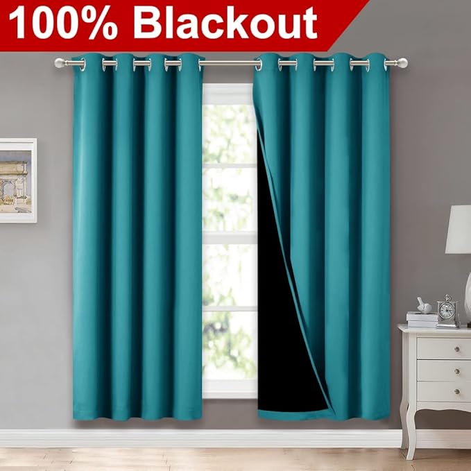 NICETOWN 100% Blackout Window Curtain Panels, Full Light Blocking Drapes with Black Liner for Nursery, 72-inch Drop Thermal Insulated Draperies (Peacock Teal, 2 Pieces, 52-inch Wide Per Panel) - Image 2