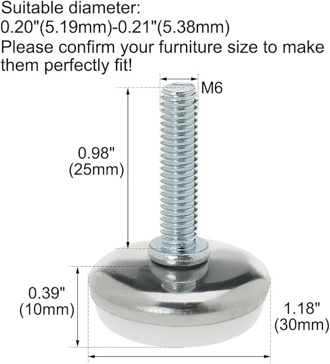 uxcell M6 x 25 x 30mm Screw on Furniture Glide Leveling Feet Adjustable Leveler Pad for Chair Industrial Machine Desk Leg 24pcs - Image 2