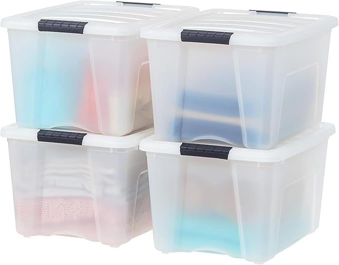 IRIS USA 40 Qt Stackable Plastic Storage Bins with Lids, 4 Pack - BPA-Free, Made in USA - Discreet Organizing Solution, Latches, Durable Nestable Containers, Secure Pull Handle - Pearl by IRISUSA