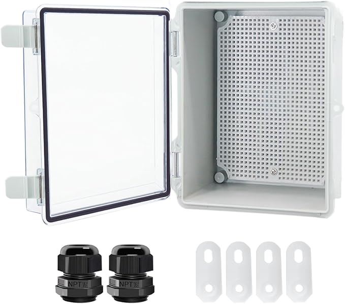 Junction Box, Hinged Clear Cover IP67 Waterproof ABS Project Box with 2 NPT 1/2" Cable Gland, Electrical Box Enclosure with Mounting Plate & Wall Bracket 8.7 x 6.7 x 4.3inch(220x170x110mm) by Otdorpatio