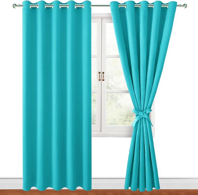 Hiasan Blackout Curtains for Bedroom, 60 x 84 Inches Long - Thermal Insulated & Light Blocking Window Curtains for Living Room, 2 Drape Panels Sewn with Tiebacks, Turquoise by Hiasan