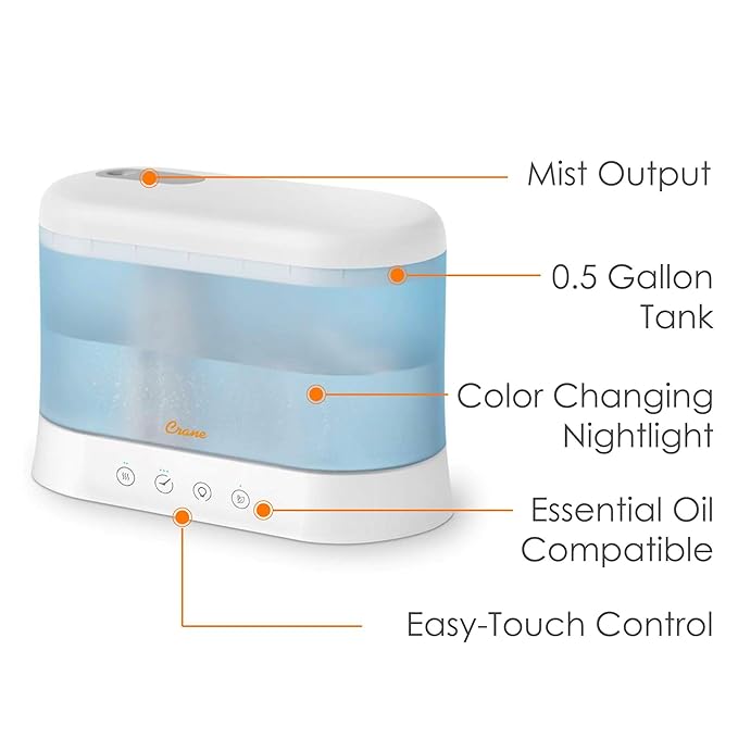 Crane 1.9 Liter Top Fill Cool Mist Humidifier & Essential Oil Diffuser, Whisper-Quiet, 15-Hour Run Time, Night Light, Small Room Air Humidifier, Humidifiers For Bedroom Kids - Image 2