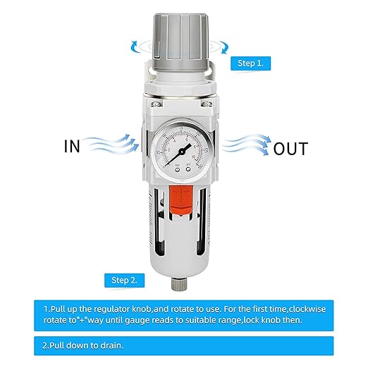 NANPU 3/8" NPT Compressed Air Filter Regulator Combo Piggyback, Semi-Auto Drain, 5 Micron Brass Element, Poly Bowl, Metal Bracket, 0-150 psi Gauge - Image 4