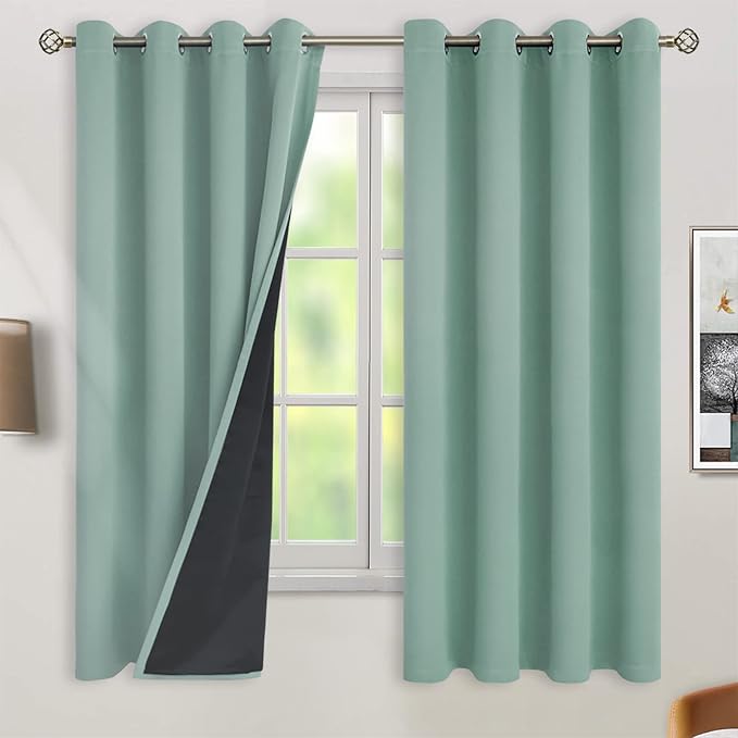 BGment Thermal Insulated 100% Blackout Curtains for Bedroom with Black Liner, Double Layer Full Room Darkening Noise Reducing Grommet Curtain (52 x 63 Inch, Frosty Green, 2 Panels) by BGment