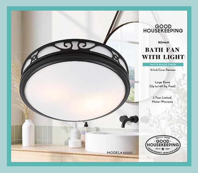 Good Housekeeping Roman (83007) Decorative 110 CFM 3.0 Sones Bathroom Ventilation Exhaust Fan with Light & Night-Light (Matte Black) - Image 2