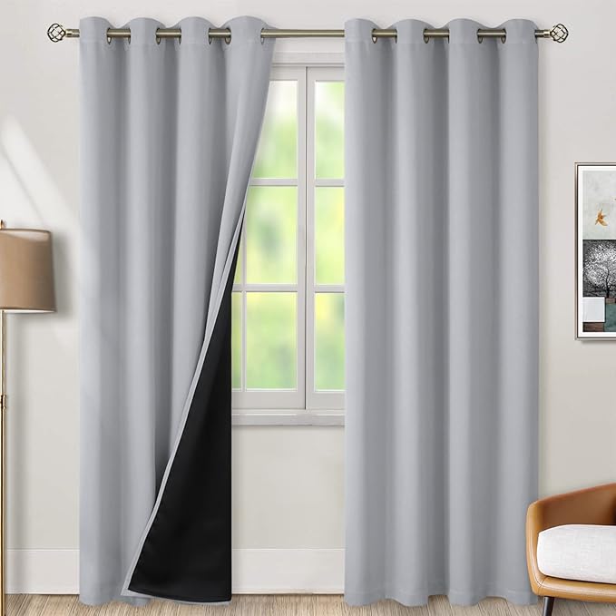 BGment Thermal Insulated 100% Blackout Curtains for Bedroom with Black Liner, Double Layer Full Room Darkening Noise Reducing Grommet Curtain (46 x 90 Inch, Light Grey, 2 Panels) by BGment