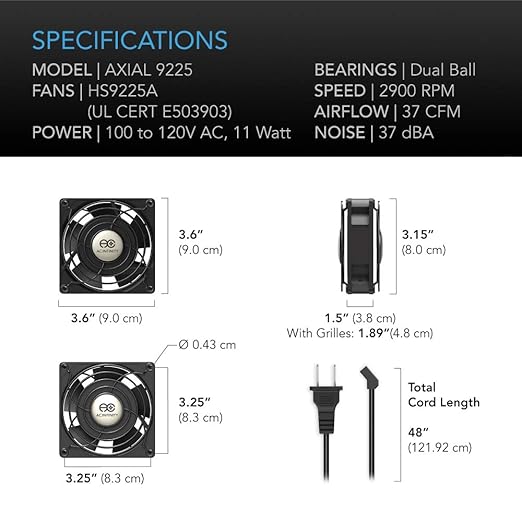 AC Infinity AXIAL 9225, Muffin Fan, 120V AC 92mm by 92mm by 25mm High Speed, UL-Certified for DIY Cooling Ventilation Projects - Image 6